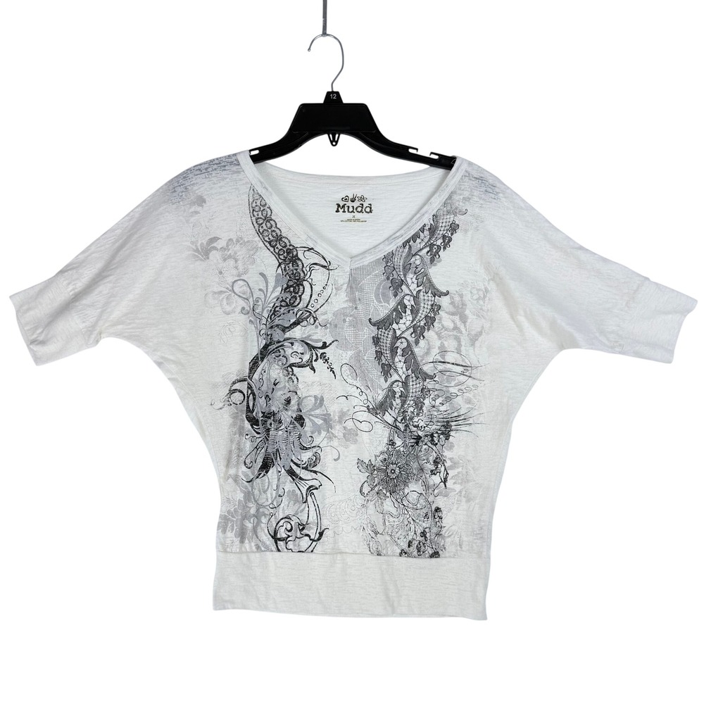 Mudd Graphic Top Women Size Medium White V-Neck Dolman Sleeve Y2K McBling Grunge